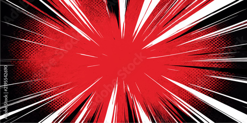Red comic explosion background with black accent rays and halftone texture pop art vector design