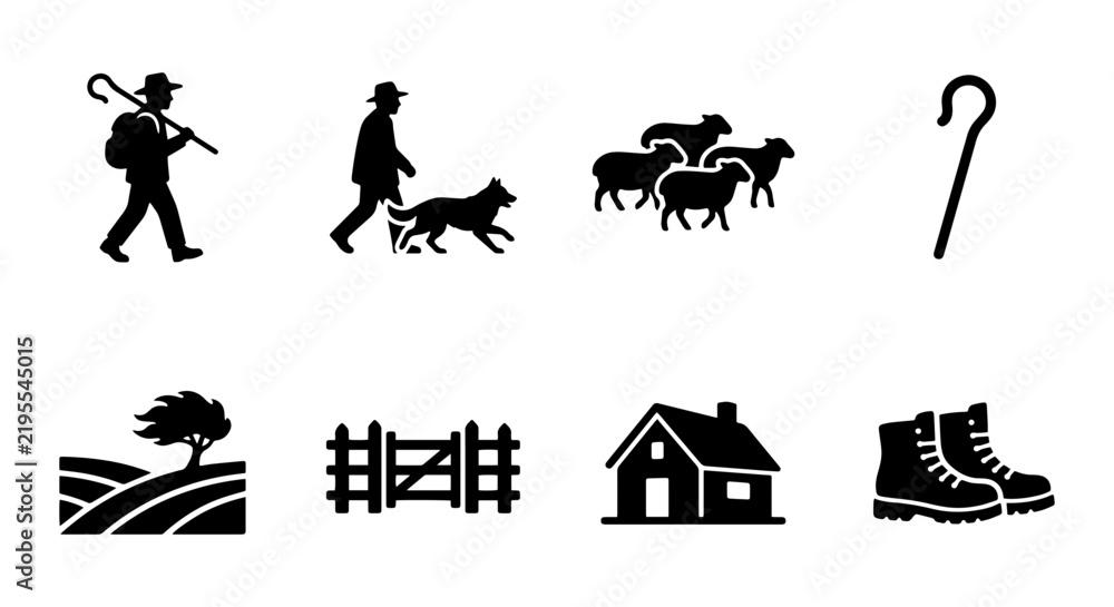 Fototapeta premium Shepherd Icon Set: Rural Farming, Livestock Management, Countryside Lifestyle Icons