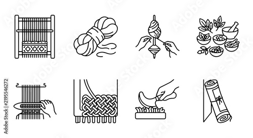 Textile Craft Icons: Weaving, Spinning, Dyeing, Knitting, Crafting Tools, Vector Set