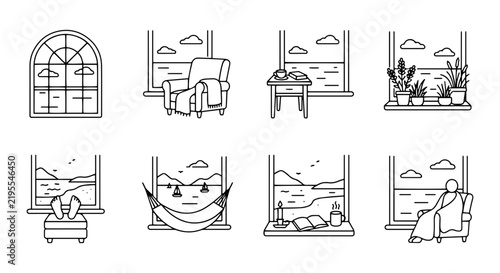 Cozy Window Views Vector Icons: Relaxing Scenes, Home Comforts, Nature Landscapes, Modern Line Art