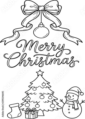Merry Christmas, Christmas Tree Snowman Gift Coloring Design