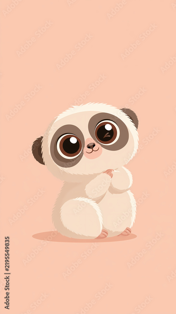 Obraz premium A cute cartoon illustration of a small fluffy lemur sitting with its hands together against a soft light orange background