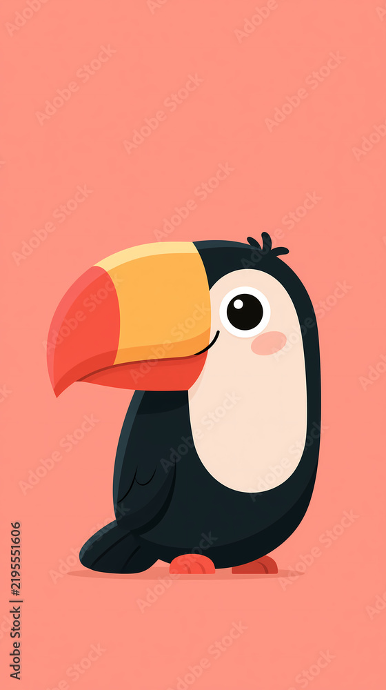 Fototapeta premium A cute cartoon illustration of a friendly toucan bird standing and smiling against a simple solid coral background for a cheerful and playful design project