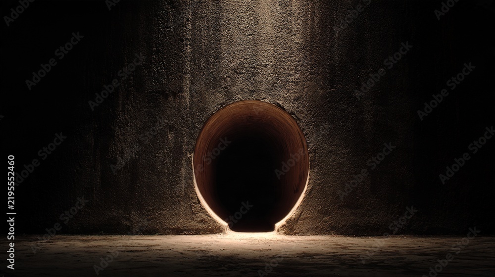 Fototapeta premium cavern. Round stone tunnel entrance with warm light glowing from within. real-estate listings, architecture portfolios, designed for interior renovation comparisons for interiors.