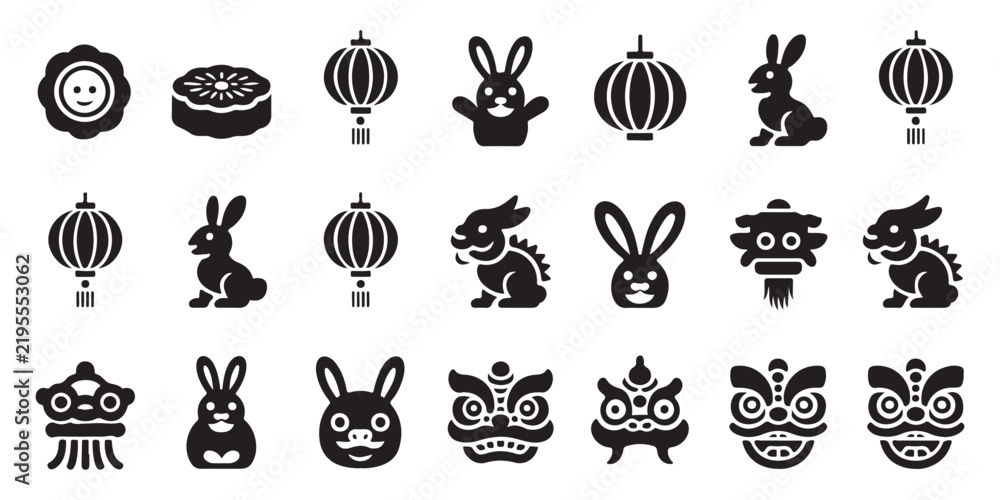 Fototapeta premium Charming mid autumn festival silhouette icons bundle featuring playful rabbits traditional lanterns mooncakes and expressive Chinese lion masks.