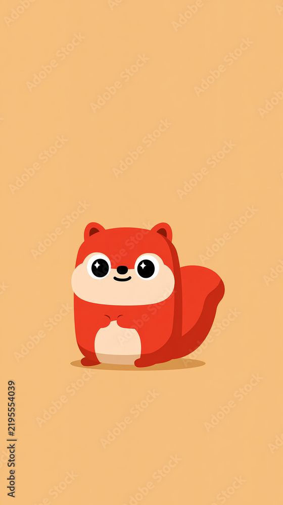 Fototapeta premium A cute cartoon illustration of a small red squirrel sitting and smiling against a simple solid orange background for a friendly and playful graphic design project