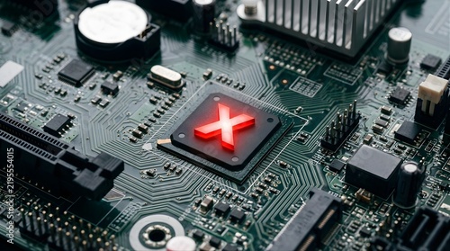 Obraz na płótnie Glowing red X symbol on a central computer circuit board microprocessor