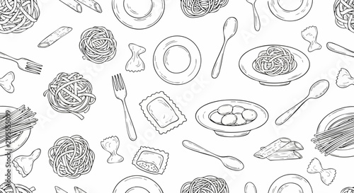 Seamless pattern of hand drawn pasta and cutlery.