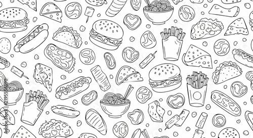 Seamless Hand Drawn Fast Food Doodle Pattern Background.
