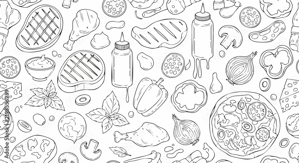 Obraz premium Hand drawn doodle seamless pattern with various food items.