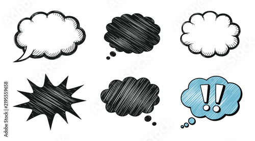 Set of hand-drawn speech and thought bubbles with scribble textures, including cloud shapes, starbursts, and exclamation marks in black and blue ink styles