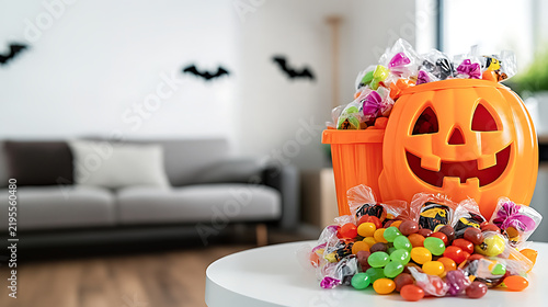 Bright cheerful Halloween living room scene with pumpkin candy bucket and left copy space for family holiday promo