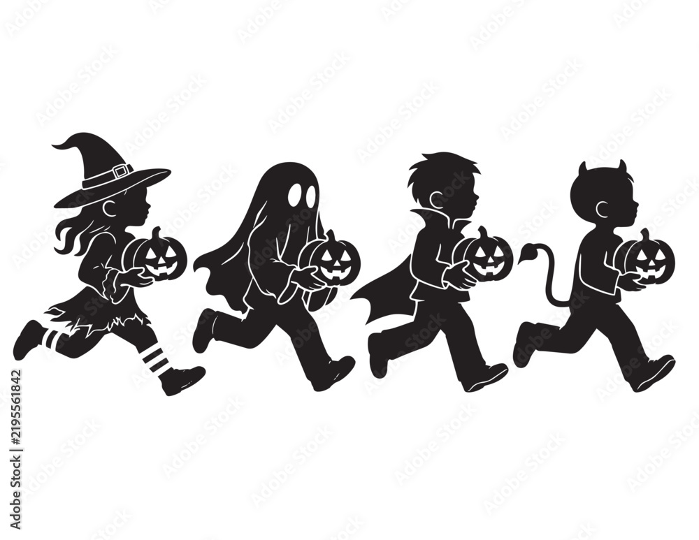 Fototapeta premium Group of children in Halloween costumes running with jack-o-lantern pumpkins silhouette art