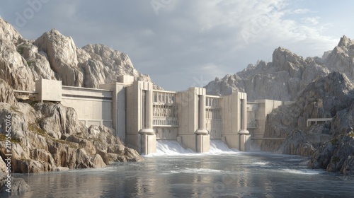 Majestic Hydroelectric Dam Structure with Water Flowing Through Floodgates Amidst Mountains