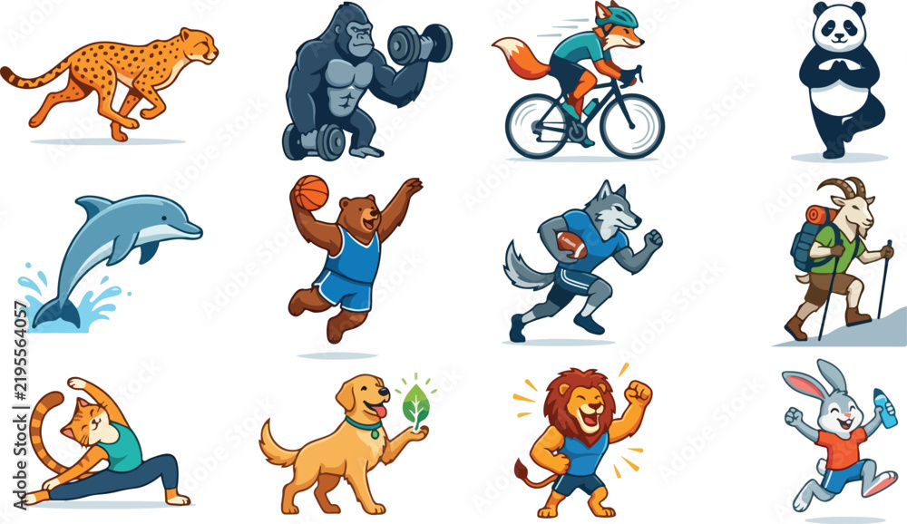 Obraz premium Fitness Mascots Bundle Vector Design, Athletic Animals Illustration, Sports Logo Set