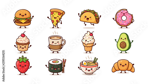 Cute Food Mascot Bundle Design, Featuring Burgers, Pizza, Tacos, Donuts, and More