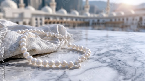 White Prayer Beads on Marble with Blurred Islamic Architecture