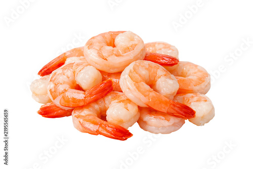 Fresh peeled shrimp arranged in a simple appetizing pile on transparent background
