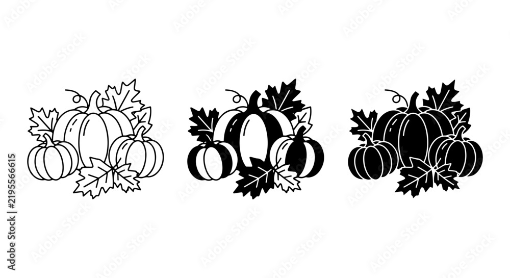Obraz premium Autumn Harvest Pumpkins, Fall Leaves Vector Icons Set. Seasonal Vegetable Graphics Collection