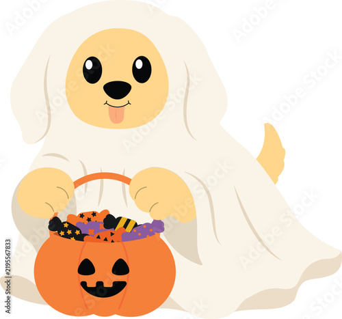 Cute Sheet Ghost Golden Retriever Puppy Holding Pumpkin Candy Bucket Vector