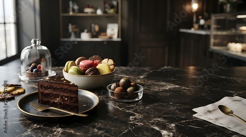 Obraz na płótnie Elegant Dessert Display On Dark Marble Table.