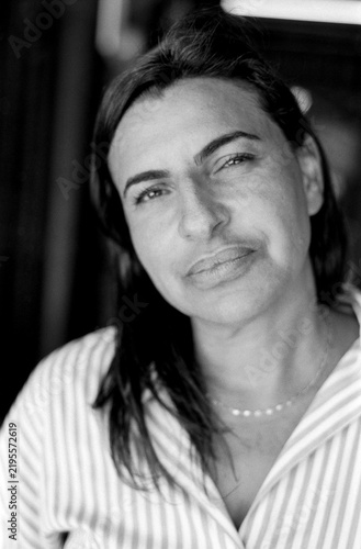 Sticker Woman with striped shirt portrait in black and white
