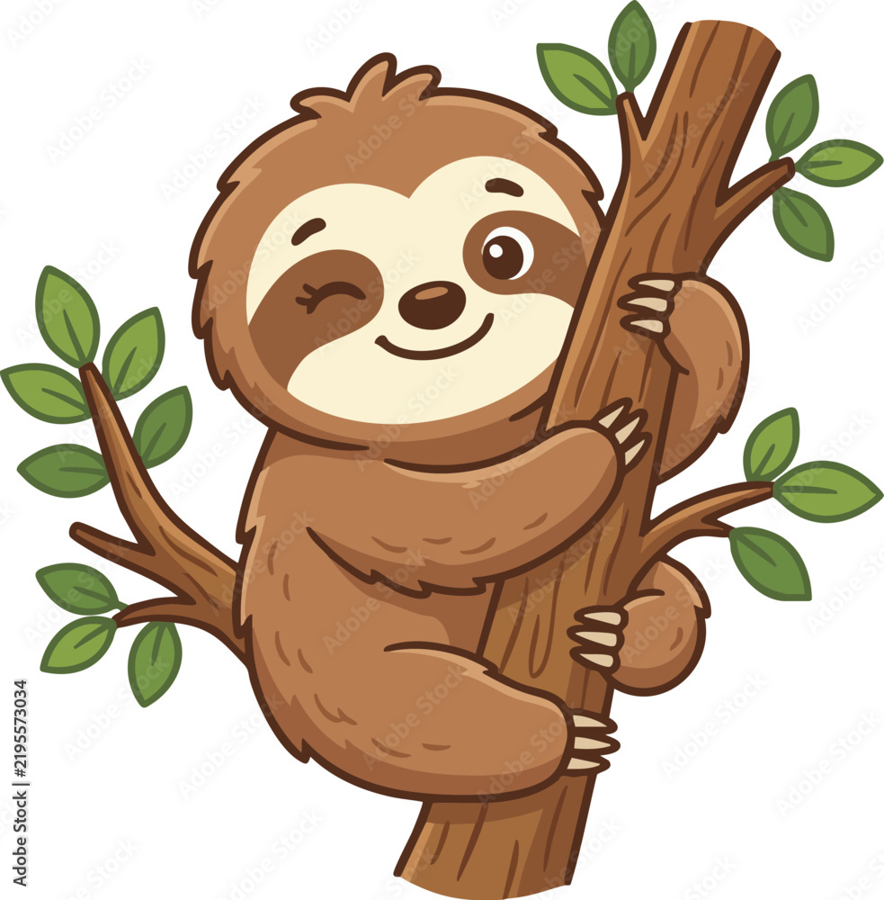 Fototapeta premium SImple Cute Winking Sloth Hugging Tree Branch Vector Illustration, vector isolated on white