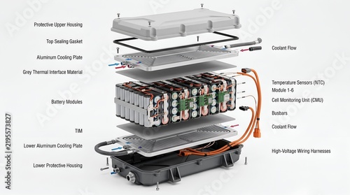 Exploded view of an electric vehicle lithium ion battery pack assembly