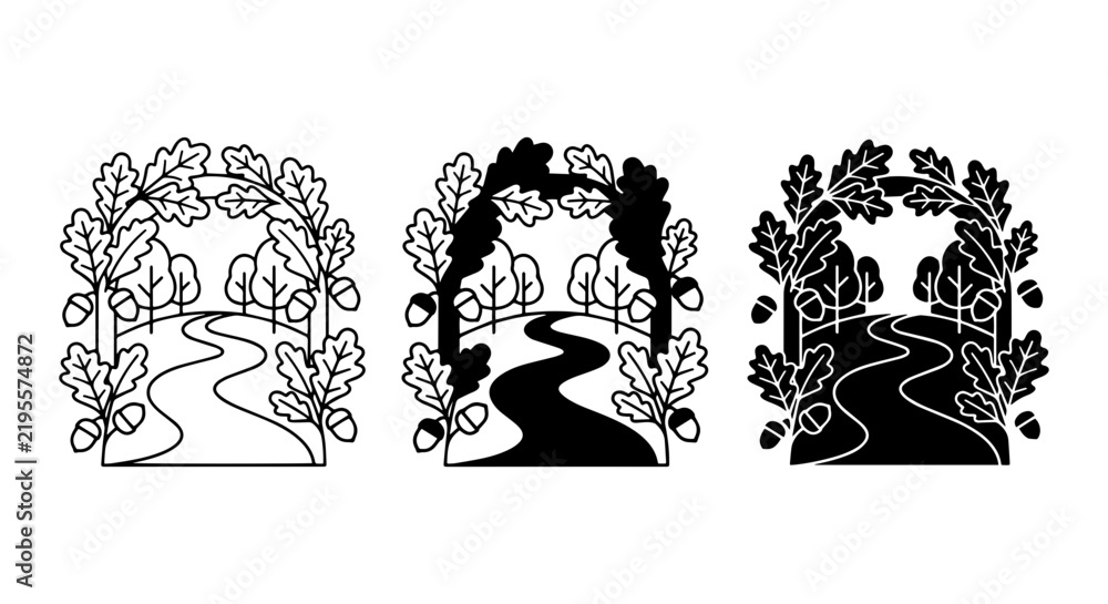 Fototapeta premium Nature Archway Vector Set: Oak Leaves, Acorns, Winding Path, Trees; Outline, Silhouette, Solid Styles