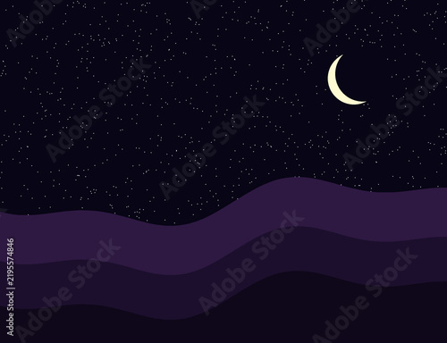 Minimalist night sky landscape vector illustration with crescent moon and stars