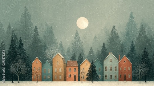 Cozy Winter Village with Snowy Houses and Forest