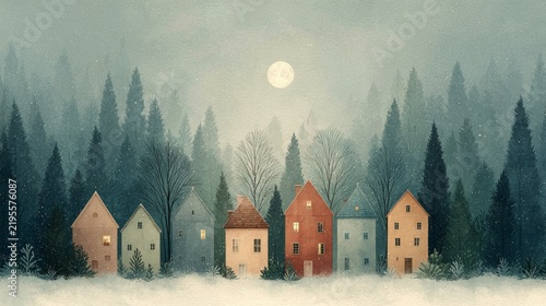 Fairytale winter village with warm colorful houses, snowy trees and misty forest beneath a luminous moon, dreamy seasonal landscape illustration with peaceful evening snowfall