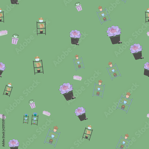 Seamless pattern of potted plants and shelves