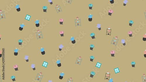 Seamless pattern of potted plants and shelves