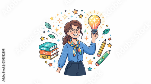 Female teacher holding a glowing light bulb with books and pencils illustration