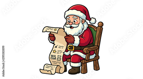 Cartoon Santa Claus Reading Christmas List.