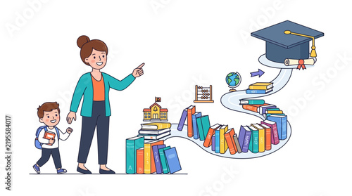 Teacher guiding a young student along a path of books toward graduation