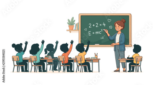 Female teacher writing math equations on a classroom chalkboard for students