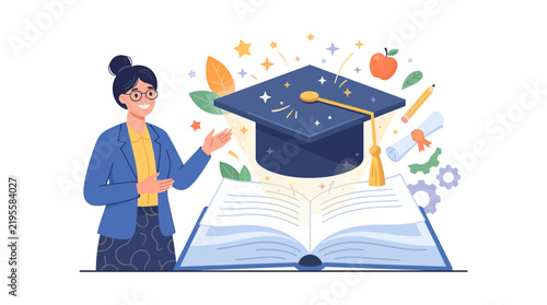 Female teacher presenting a graduation cap and open book illustration