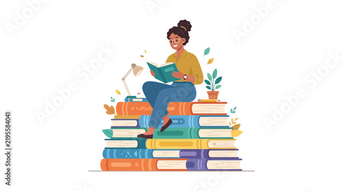 Young woman teacher sitting on a stack of books reading in a flat illustration