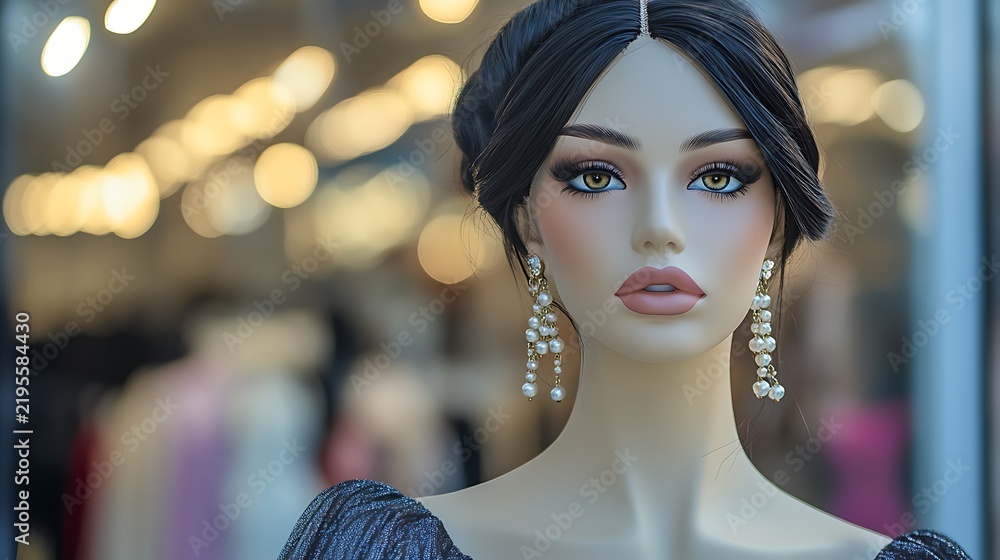 Fototapeta premium Mannequin display wearing elegant pearl earrings and dark textured evening dress standing inside a brightly lit modern retail boutique store