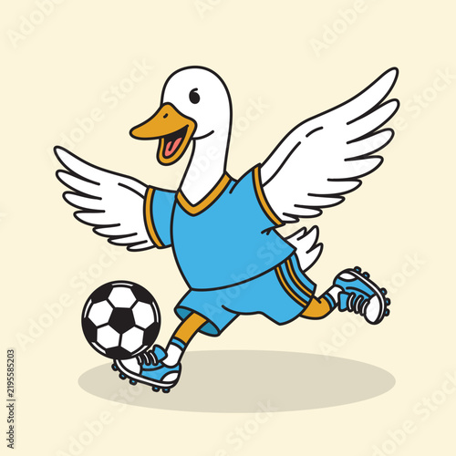 cartoon cute goose playing soccer.