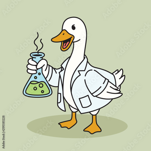 Cartoon goose scientist holding a laboratory flask