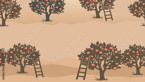 Apple orchard trees ladder harvest pattern vector background with background agriculture countryside repeating seamless illustration creative template wallpaper abstract environment