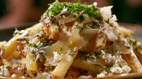 Delicate gourmet truffle fries adorned with parsley and parmesan cheese