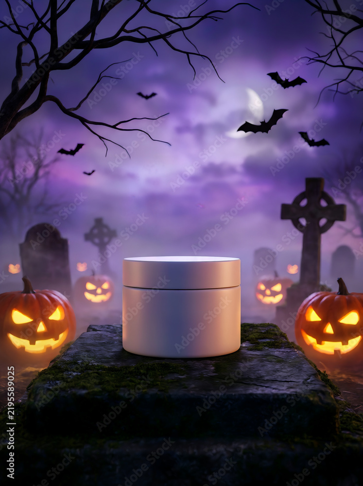 Fototapeta premium Cosmetic jar podium in spooky halloween cemetery