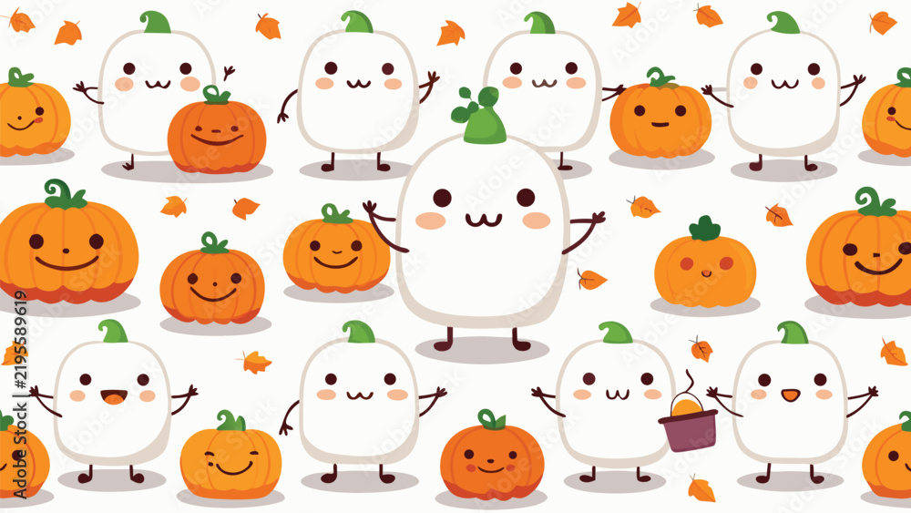 Fototapeta premium Cute ghost pumpkin seamless pattern vector graphic background with seamless background halloween celebration character wallpaper wrapping decoration creative childish minimalist