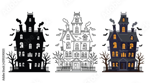 Haunted house set silhouette line art color styles on white background