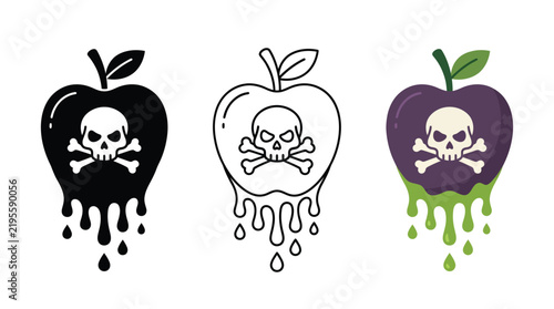 Poison apples dripping liquid with skull crossbones on white background