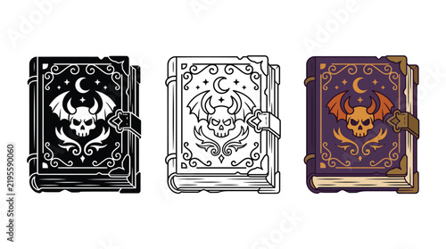 Magic spell books with skull bat wings moon on white background
